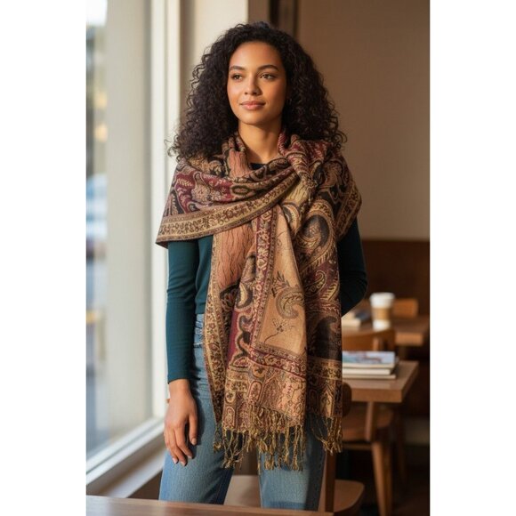 Waverly Paisley Scarf Wrap Shawl 27" X 69" Including Fringe Elegant Gold & Burgu - Picture 1 of 15